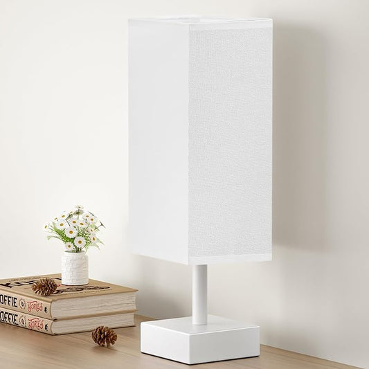 aooshine White Small Bedside Lamp for Bedroom - Square White Fabric Shade | Inline Rocker Switch, Corded Electric, Bulb Not Included, 12.8" Mini Table Lamp for Nightstand, Desk, Dorm, Office