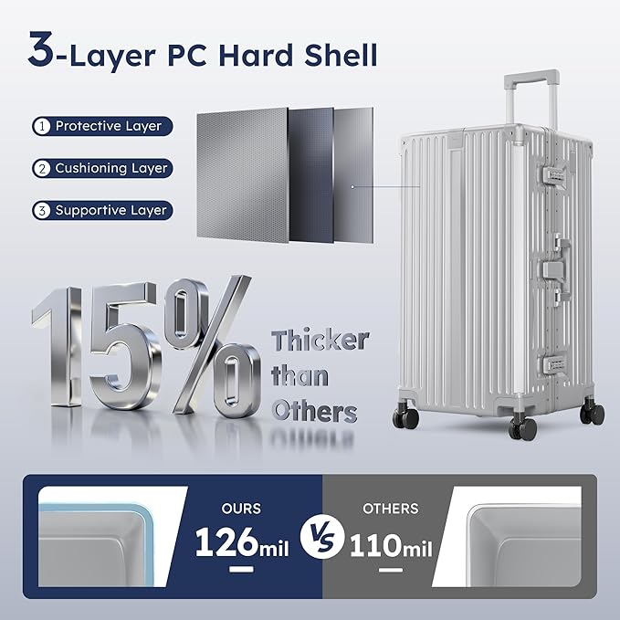 ALPHA CAMP Trunk Luggage, Large 28 Inch Thickened Aluminum Frame Luggage with TSA Spinner Wheels, 3-Layer PC Hardside Zipperless Travel Suitcase, Type-C USB Charging Port, Cup Holder,Sliver
