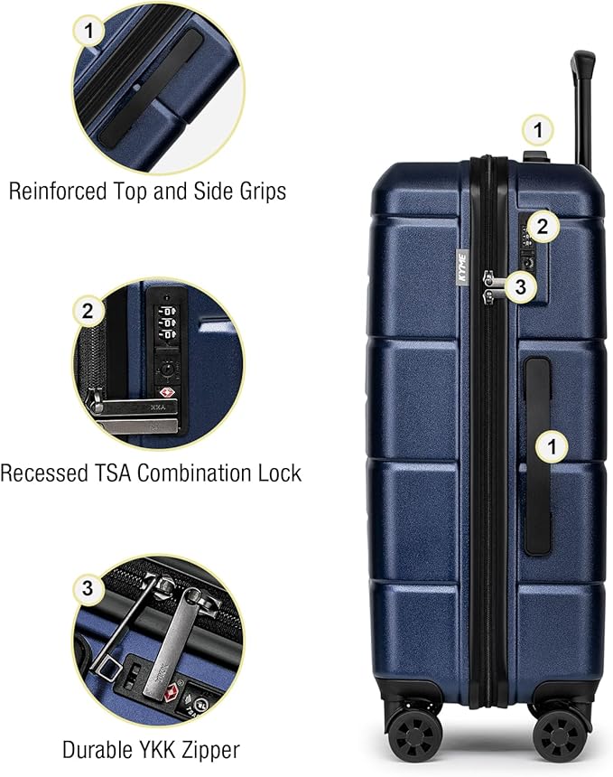 KYME 24 Inch Luggage TSA Approved Hardshell Suitcases with Spinner Wheels Durable PC+ABS Medium Checked Travel Luggage for Women Men Navy