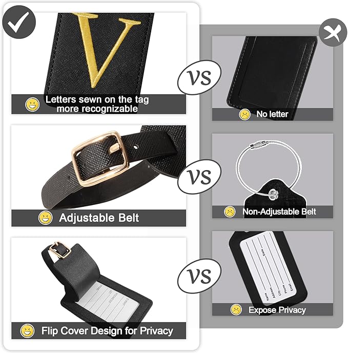 Unique Initial Letter Luggage Tags for Suitcases, Monogrammed Suitcase Luggage Identifier Tag,PU Leather TSA Approved Luggage Tags,Bag Tags for Men Women Kids Luggage Baggage(Black V)