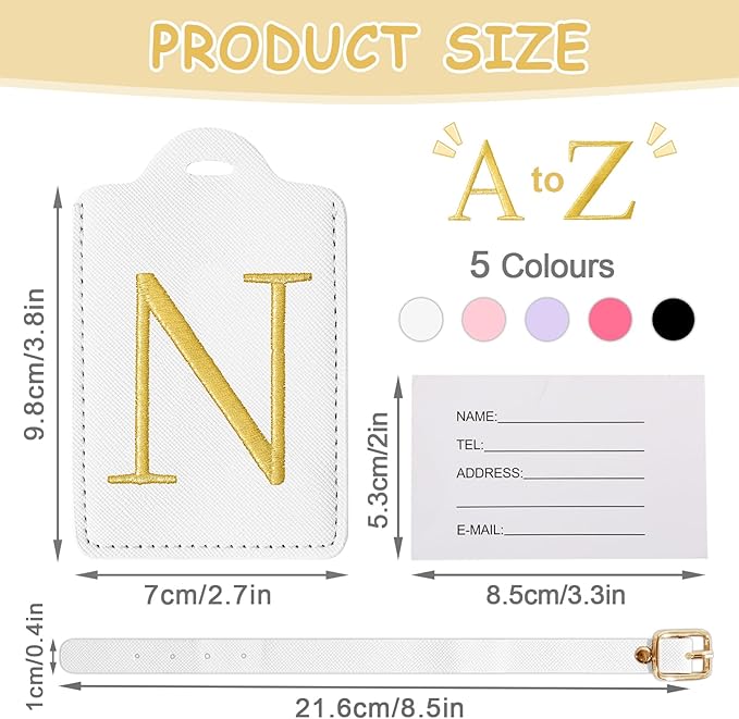 Initial Letter Luggage Tags for Suitcases, Personalized Embroidered Letter Luggage Bag Suitcase Identifier Name Tag, Cute PU Leather Travel Luggage Tags, Bag Tags for Luggage Handbags(White N)