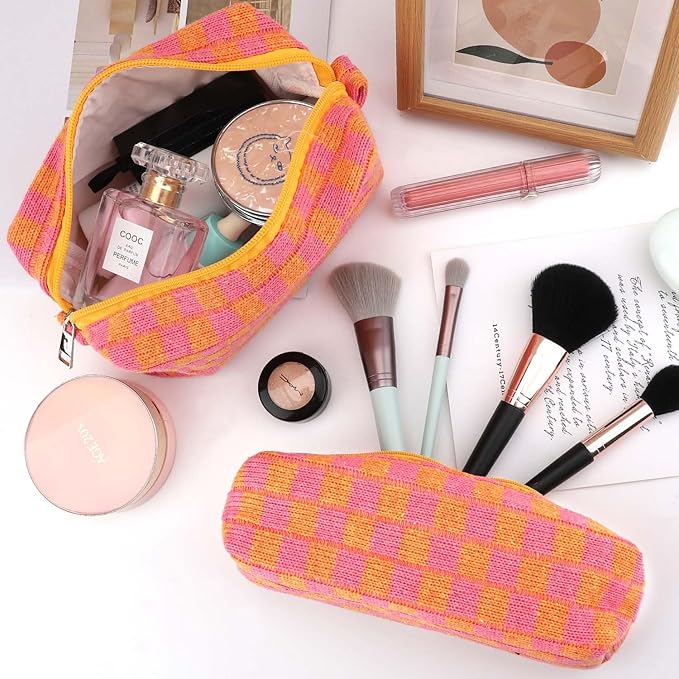 EIMMBD Makeup Bag 3 Pieces Large Capacity Checkered Cosmetic Bags Travel Toiletry Bag Organizer Cute Makeup Pouch Storage for Women(Orange & Pink)