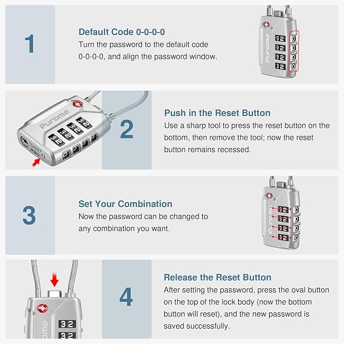 Puroma 2 Pack TSA Approved Luggage Lock, 4 Digit Combination Travel Cable Locks Resettable Code Lock with Zinc Alloy Body for Suitcase, Toolbox, Backpack, Bag, Gym Locker (Silver)