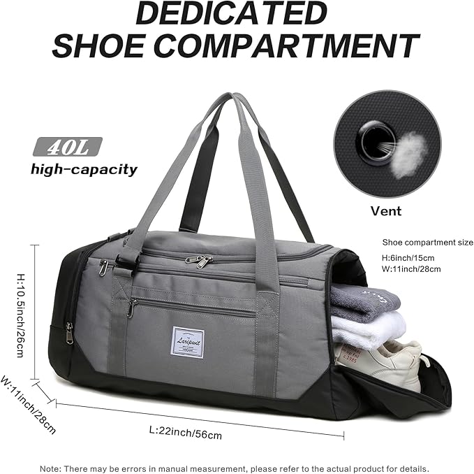 Laripwit Travel Duffle Bag for men 40L Medium Sports Gym Bag with Wet Pocket & Shoes Compartment Weekender Overnight Backpack for Traveling Duffel Bag Backpack for Women, Gray