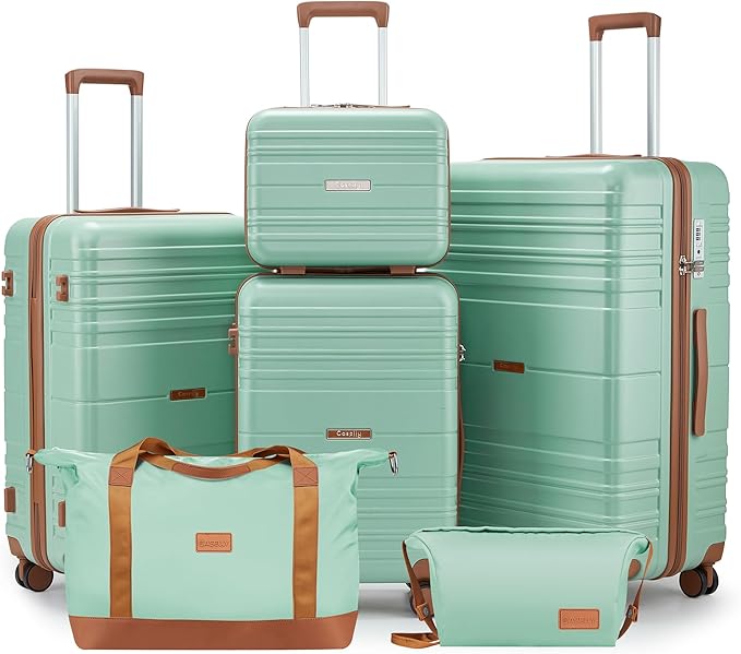 Luggage Sets 6 Piece with Spinner Wheels, Lightweight Hardshell Suitcase Set with TSA Lock, Carry On Checked Luggage Set with YKK Zippers (Green, 6 piece sets（14/20/24/28/DB/TB）)