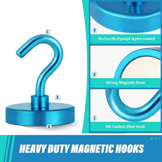 Neosmuk Magnetic Hooks Heavy Duty,Strong Magnet with Hook for Fridge, Super Neodymium Extra Strength Industrial Hooks for Hanging, Magnetic Hanger for Toolbox, Cruise, Grill(RoyalBlue,6Pack)
