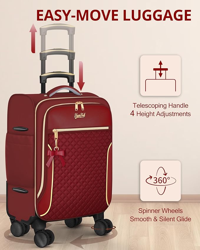 Carry On Luggage 22x14x9 Airline Approved, 20 Inch Softside Suitcase with 4 Pcs, Lightweight Luggage for Women with TSA Lock and 4 Spinner Wheels, Soft Side Carry-on Suitcases for Travel, Red