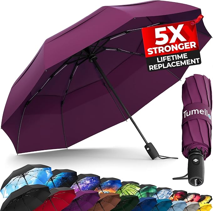 TUMELLA Strongest Windproof Travel Umbrella (Compact, Superior & Beautiful), Small, Wind-Tested, Light & Portable, Automatic Folding Rain Umbrella, Durable Premium Grip, Fits Car and Backpack