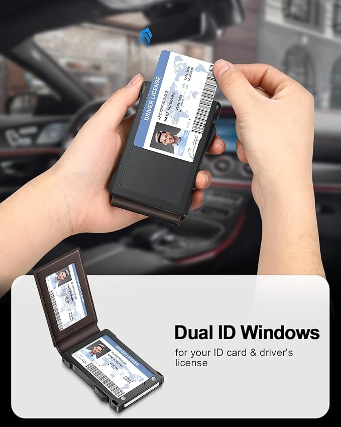 Wallet for Men RFID Wallet with 2 ID Windows & Money Clip, Slim Pop Up Card Holder for 10-12 Cards, Bifold Minimalist Smart Wallet for Front Pocket, Compact Metal Credit Card Holder, Gifts for Men