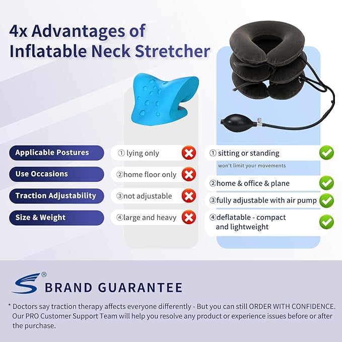S Cervical Neck Traction Device for Instant Neck Pain Relief - Inflatable & Adjustable Neck Stretcher Neck Support Brace, Neck Traction Pillow for Home Use Neck Decompression