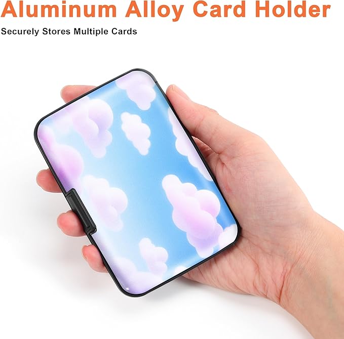 Mayski Credit Card Holder, RFID Blocking, Aluminum Alloy Hard Case, Small Mini Business Metal Wallet for Women Men, Pink Clouds