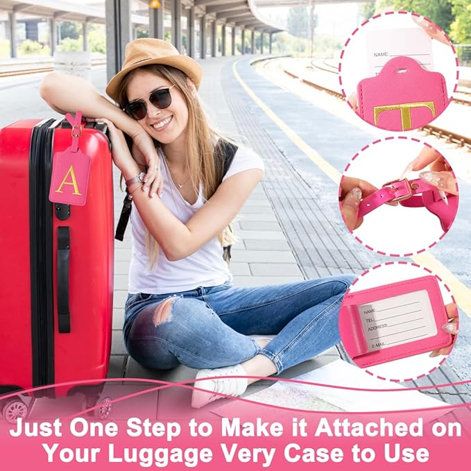 Personalized Initial Luggage Tags for Suitcases,Leather Letter Cute Luggage Tags with Privacy Name Card,Embroidered Monogrammed Travel Bag Backpack Tag Gifts for Women Kids Girls Teens(Rosered-O)