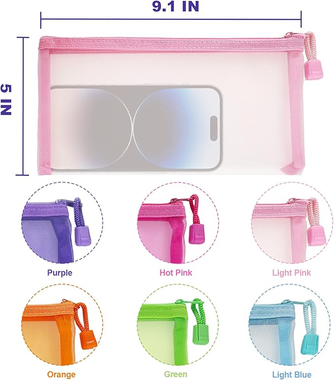 Mesh Pouches(6 Pack), Mesh Bags with Zipper Nylon Makeup Pouches Bag Cosmetic Pouch Travel Purse Organizer Insert Diaper Inside Bag Organizers Home Organizing Size See Through Cute Colors