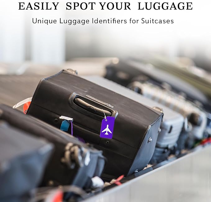 8 Pack Silicone Luggage Tag for Suitcases with Stainless Loop, TSA Approved, Privacy Protection Travel Essentials Bag Tags by Gostwo, Purple