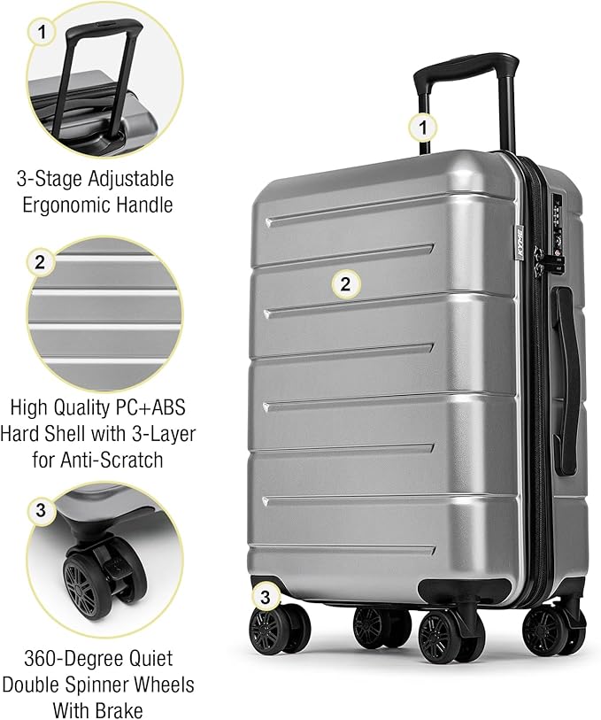 KYME Carry On Luggage 22x14x9 Airline Approved Hardshell Carry On Suitcases with Wheels Travel Rolling 20 Inch Luggage with Cup Holder for Women Men,Carry-on Silver Grey