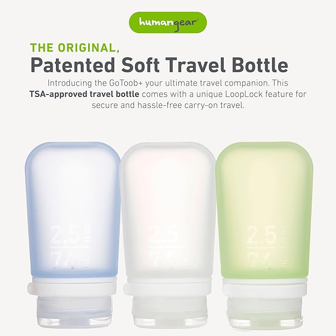 humangear GoToob+ Refillable Silicone Travel Size Bottles with Locking Cap, 3pk Set, Clear/Green/Blue, Medium (2.5oz),HG3184