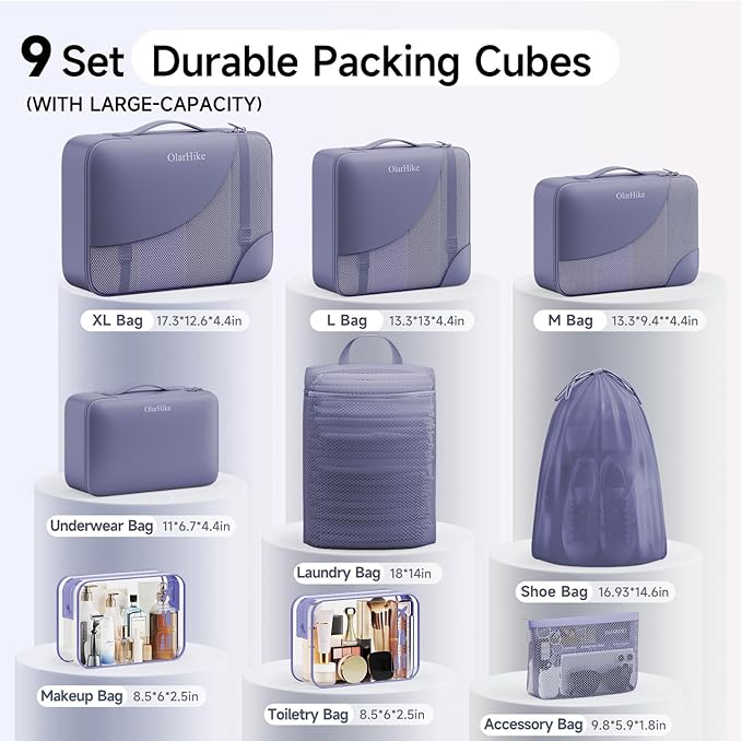 11 Set / 9 Set Packing Cubes for Travel,Gifts for Women Mom Kids,TSA Approved Bags for Makeup, Cosmetic, Toiletry, Organizers for Suitcase Carry On,Cruise Essentials Airplane Accessories,Purple Gray