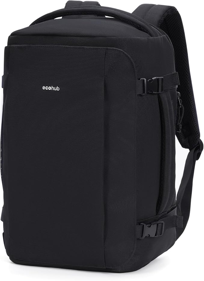 ECOHUB 40L Carry-On Travel Backpack, TSA-Friendly, Anti-Theft Water-Resistant Lightweight with 17.3″ Laptop Compartment, Durable PFAS-Free Rucksack, Black