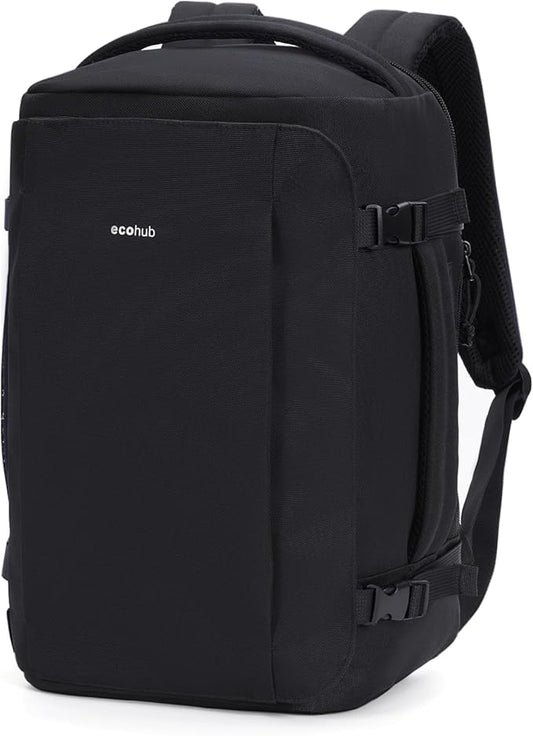 ECOHUB 40L Carry-On Travel Backpack, TSA-Friendly, Anti-Theft Water-Resistant Lightweight with 17.3″ Laptop Compartment, Durable PFAS-Free Rucksack, Black