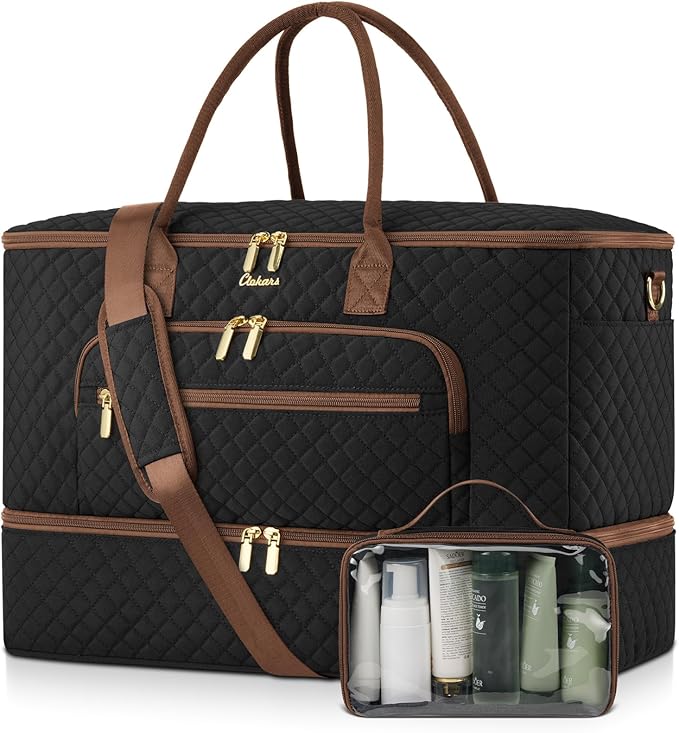 Travel Duffle Bag, Wide Open Large Weekender Bag for Women with Shoe Compartment, Carry on Overnight Bags with Toiletry Bag, Hospital Bag for Women Labor Delivery with Wet Pocket (Black Brown)