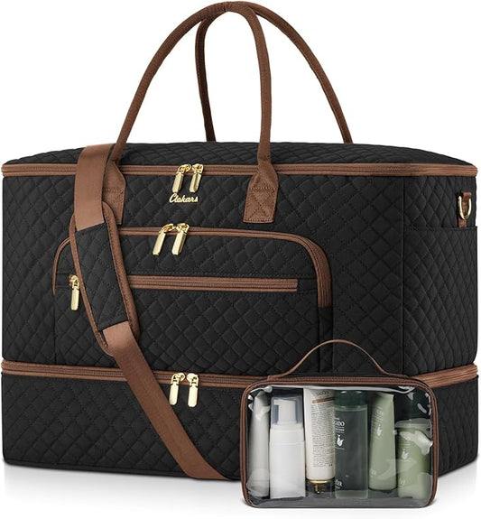 Travel Duffle Bag, Wide Open Large Weekender Bag for Women with Shoe Compartment, Carry on Overnight Bags with Toiletry Bag, Hospital Bag for Women Labor Delivery with Wet Pocket (Black Brown)