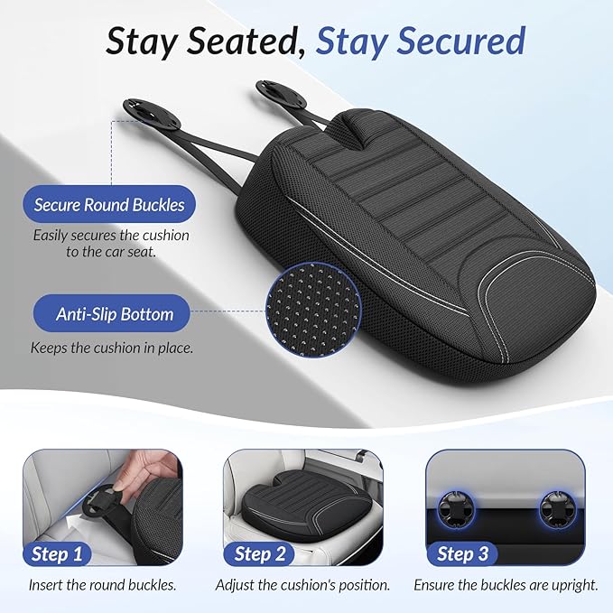 ZIKEE All-Season Car Seat Cushion for Comfortable & Safe Driving, Breathable Seat Cushion for Car with Ventilated Channel & Mesh Cover, Memory Foam for Sciatica, Tailbone & Back Pain Relief, Anti-Slip