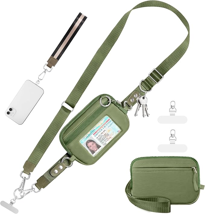 Tiostep Clip and Go Strap for Phone with Wallet Crossbody Phone Lanyard Adjustable and Detachable RFID Wristlet Wallet with ID Window and Zipper, Green