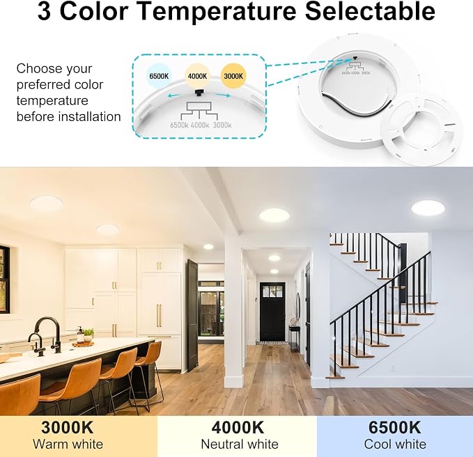 Libtit 12Pack 7Inch Led Ceiling Light - Flush Mount, 15W 1500Lm, 3000K/4000K/6500K, Small Round Recessed Led Kitchen/Bathroom/Hallway/Closet Light Fixtures
