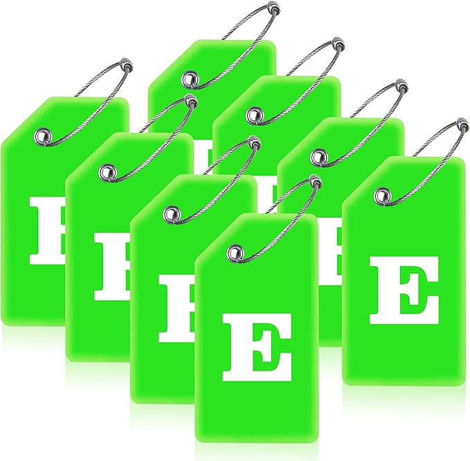 Gostwo 8 Pack Luggage Tags for Suitcases, 26 Initial Letter Travel Luggage Baggage Identification Labels ID Tags Fully Bendable Tags with Stainless Steel Loop (Letter E, Green)
