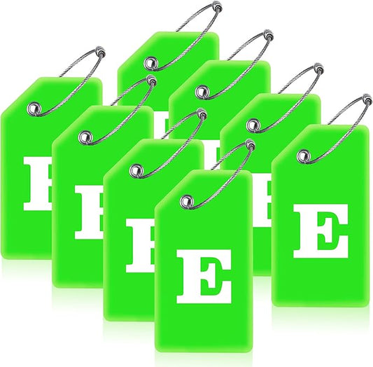 Gostwo 8 Pack Luggage Tags for Suitcases, 26 Initial Letter Travel Luggage Baggage Identification Labels ID Tags Fully Bendable Tags with Stainless Steel Loop (Letter E, Green)