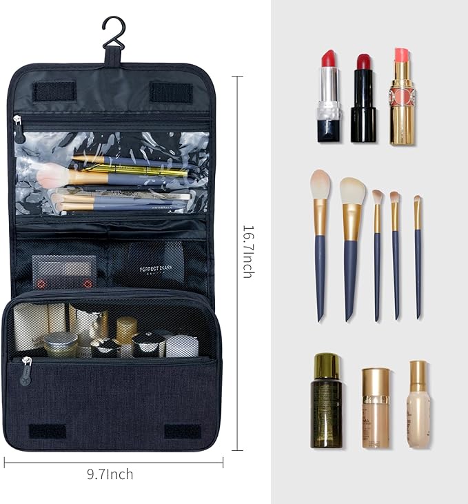 Large Capacity Toiletry Bag Travel Bag with Hanging Hook for Men and Women Waterproof Travel Cosmetic Bag Bathroom Storage Bag for Brushes Set,Full-Sized Shampoo,Toiletries,Accessories-Black