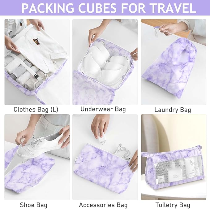8 Set Packing Cubes for Travel, Luggage Packing Organizers Accessories Large Toiletries Bag for Clothes Shoes Cosmetics (8Set-Purple Marble)
