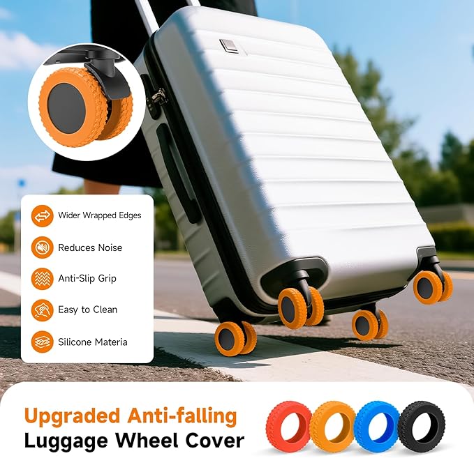 Upgraded 16 Pcs Luggage Wheel Covers, Silicone Protective Covers for 2-2.4" Suitcases Spinner Wheel, Wear-Resistant, Anti-Noise, Thickened Protector, Travel Accessories (Orange)