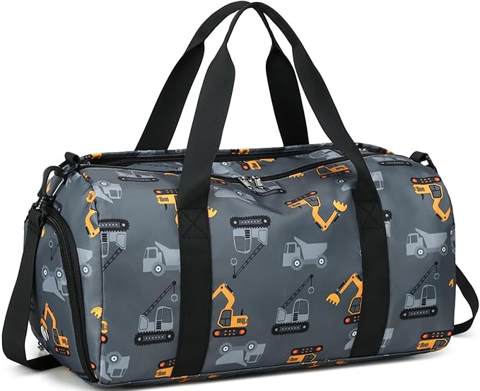 CAMTOP Kids Duffel Overnight Bag Boys Girls Toddler Weekender Carry-On Personalized Tote for Travel Gym Sport (Grey Vehicle)