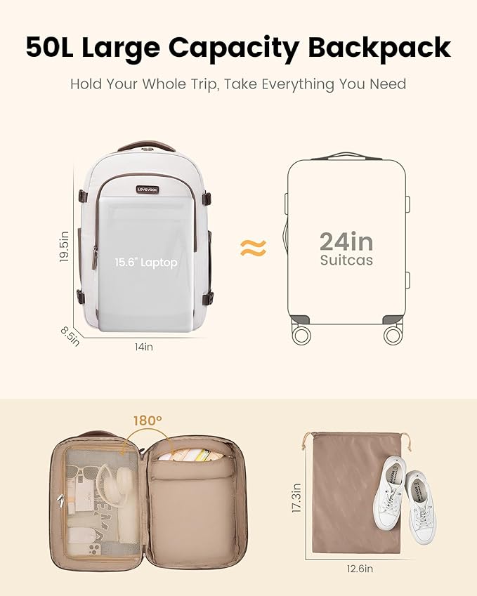 LOVEVOOK 50L Travel Backpack for Women, Airline Approved Carry On Luggage, TSA Personal Item Bag fits 17 Inch Laptop, Weekender Overnight Suitcase for Work