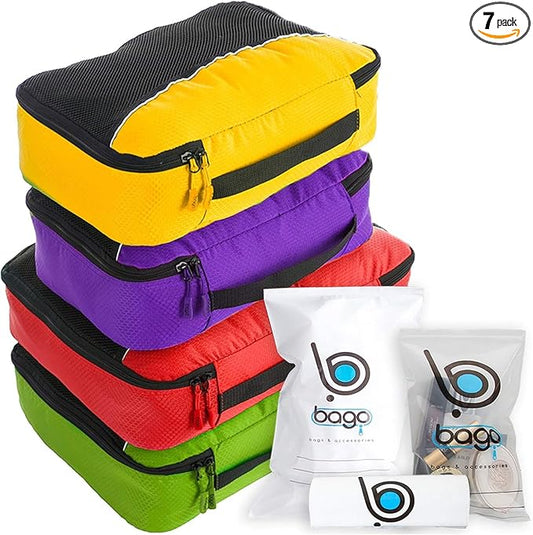 bago 7 Pcs Packing Cubes for Travel - 4 Travel Packing Cubes for Suitcases with 3 ZipLock Bags - Luggage Organizer Bags to Get Maximum Storage, Save Time & Effort to Pack (Green Red PurpleYellow)