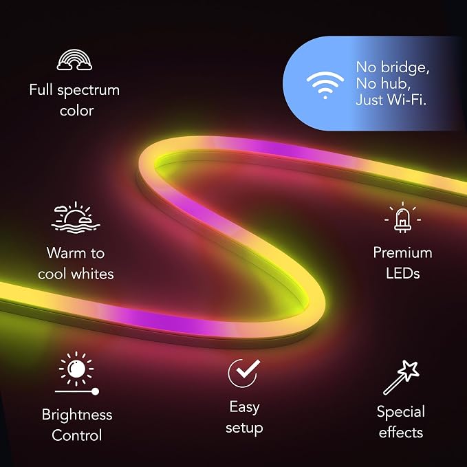 LIFX Neon Flex Rope Lights - 16ft Outdoor LED Rope Light - Compatible with Alexa | Matter Certified, Apple Homekit, WiFi 2.4GHz, Polychrome 60 Zones, RGB 1500-9000K, 2150 lm, IP67, for patios, eaves, pathways