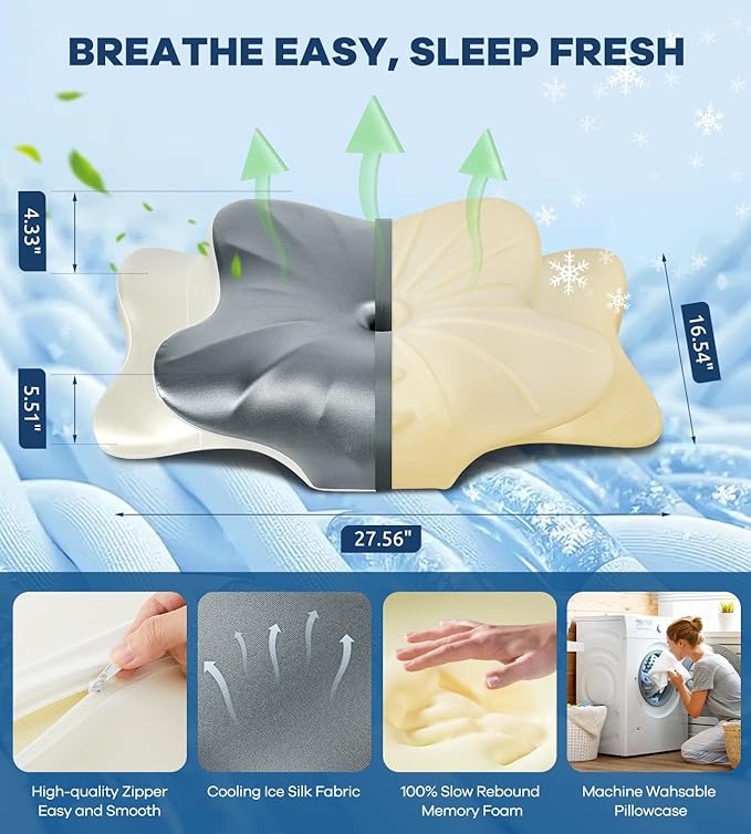 DONAMA Cervical Pillow for Neck and Shoulder Pain Relief, Cooling Contour Memory Foam Pillow, Dual-Height Ergonomic Neck Support Pillow for Side Back Stomach Sleepers with Removable Pillowcase