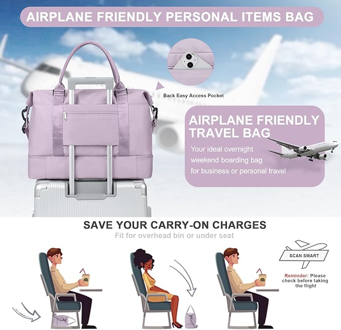 Weekender Bags for Women,Travel Duffle Overnight Bag with Shoe Compartment,Personal Item Carry On Bag,Purple,Extra Large,3 Pcs Set