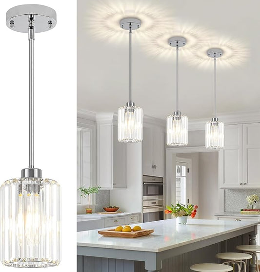 3 Pack Chrome Crystal Pendant Lights Modern Kitchen Lighting Fixtures | Hanging Hallway Ceiling Lights, Adjustable Height Pendant Lighting for Dining Room Bathroom Over Island Table Sink