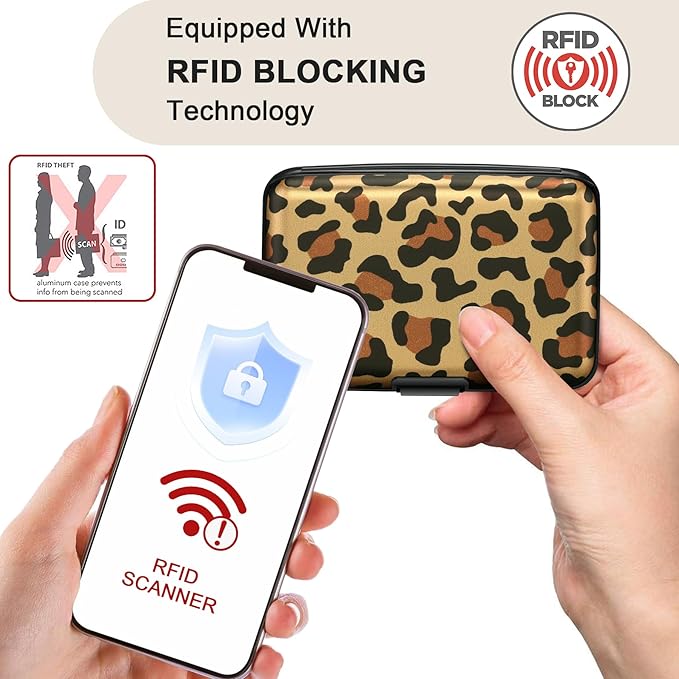 ELFISH Mini RFID Aluminum Wallet Credit Cards Holder Business Card Case Metal ID Case for Men Women（Leopard