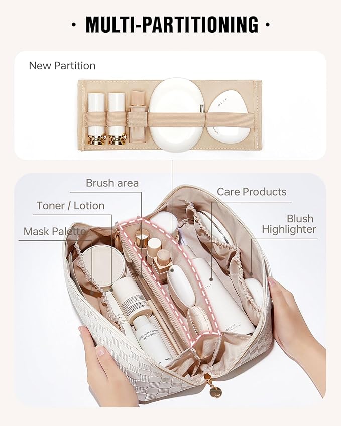 EACHY Travel Makeup Bag, Large Capacity Cosmetic Bag for Women, Waterproof PU Leather, Flat Open Portable Toiletry Bag for Skincare, Brushes & Travel Essentials