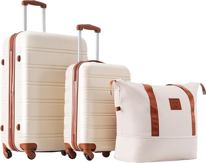 Merax Luggage Sets 2 Piece Expandable Hardside Luggage with Travel Bag Suitcase Set with Spinner Wheels(20+28+bag,Brown+White-1)
