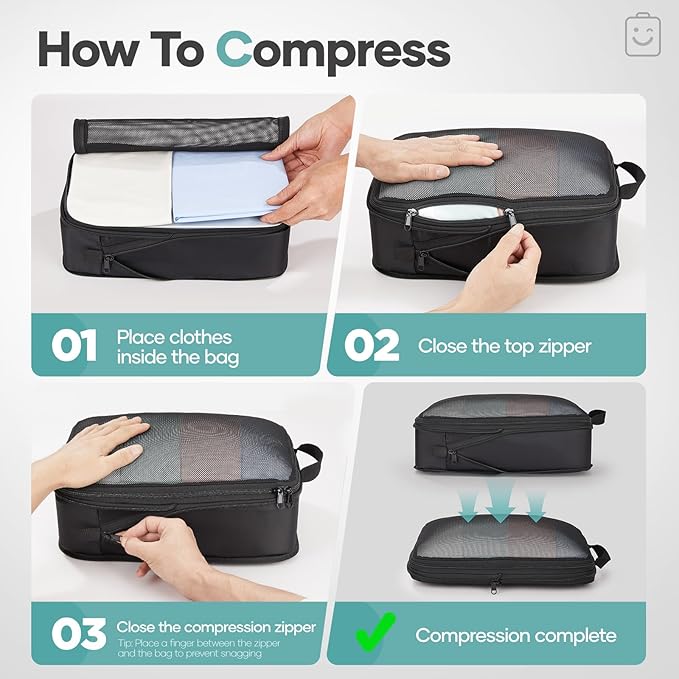 Veken 11 Set Compression Packing Cubes for Travel Essentials,Compressible Expandable Large Luggage Suitcase Organizer Bags for Clothing,Durable Space Saver Storage Bags with Toiletry Bags(Black)