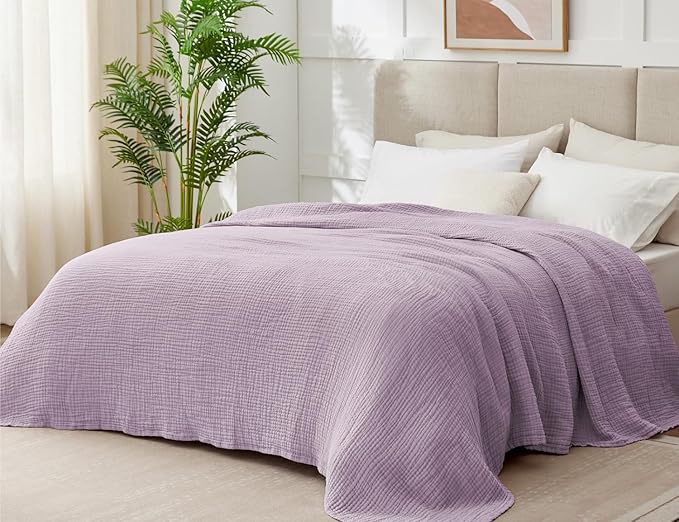 100% Cotton Muslin Blanket Queen 90" x 90", 6 Layers Breathable and Lightweight Cotton Throw Blanket for Bed, Soft Quilt Bedspread Coverlet, Gauze Blanket for Adults All Season, Lavender