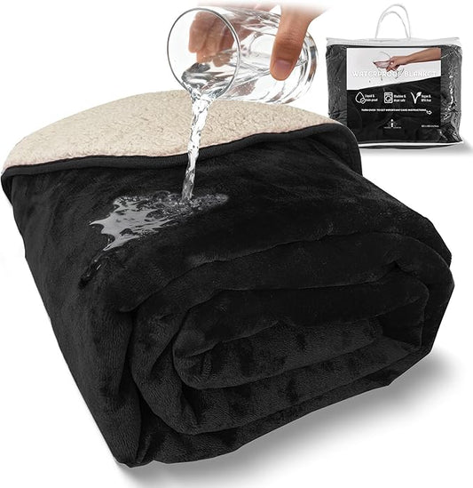 Sacred Weapon Waterproof Blanket for Bed – Mini Sherpa & Fleece Throw – Water Proof Blanket for Couch Cover & Mattress Protector Absorbent Washable Spill Proof – Travel Blankets (Black, 40"x 45")