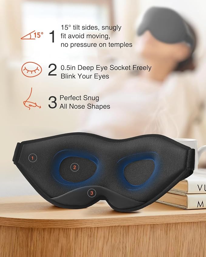 MABAO 2 Packs Sleep Mask for Side Sleeper, Eye Mask for Sleeping Women Men, 3D Contoured Cup No Eye Pressure 100% Light Blocking Sleeping Mask with Adjustable Strap Night Blindfold Flight, Nap, Black