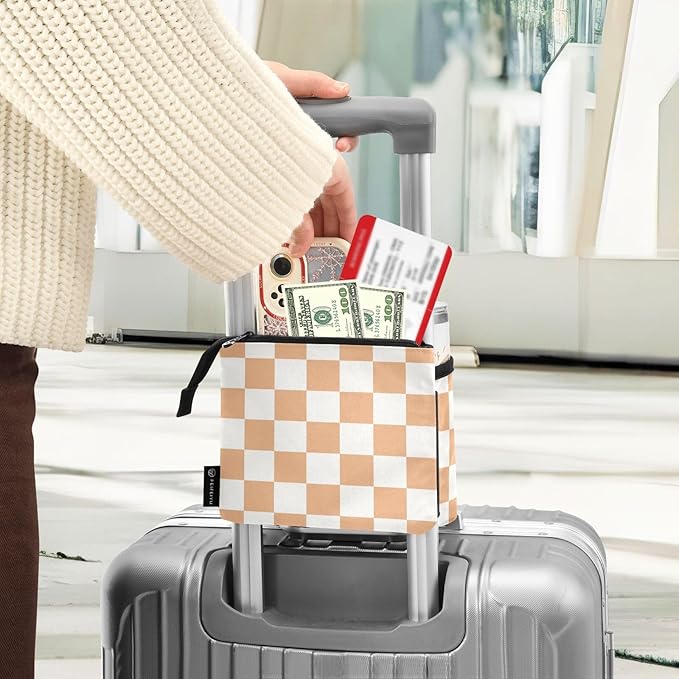 Luggage Cup Holder for Suitcases Free Hands Travel Cup Holder Portable Suitcase Cup Drink Holder Luggage Cup Caddy Bag Carrier Checkered Orange and White