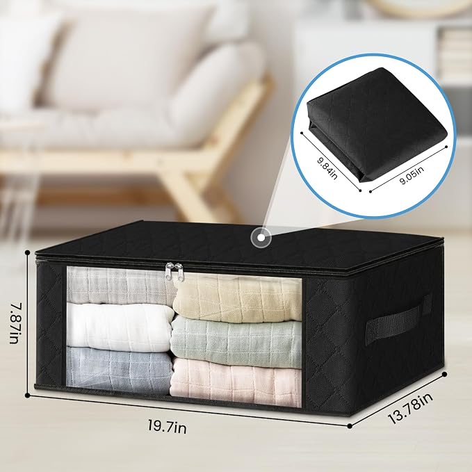 HomeHacks 4-Pack Clothes Organizer Storage Bags, 35L Storage Bins, Black | Foldable Storage Box Container with Zippers, Clear Window, Reinforced Handles for Closet, Dorm, Pillows, Bedding, Sweater