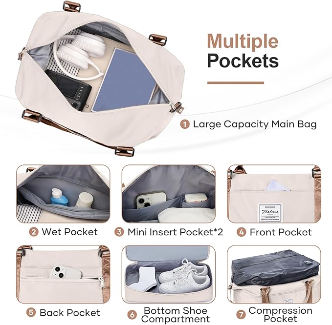 Overnight Weekender Bags for Women,Vacuum Travel Duffel Bag with Air Pump, Personal Item Travel Bag with Shoes Compartment & Compression Pocket,Beige & Brown